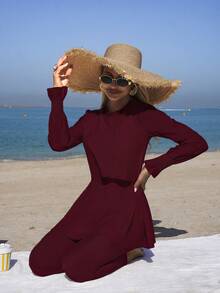 Swim Mulvari Women's Ivory Elegant Ruched Flounce Elastic Waist Flare Sleeve Dress + Pants Beach Swimsuit, Spring/Summer - Red - View 3