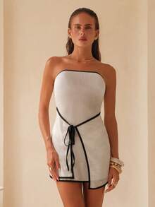 Swim Chiccia Summer Vacation Sexy Black & White Tie-Up Bandeau Bodycon Dress For Women - Black and White - View 4