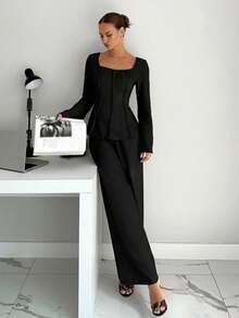 Siren Gaze Women's Solid Color Square Neck Flare Sleeve Top And Pants Suit, New Autumn Set - Black - View 3