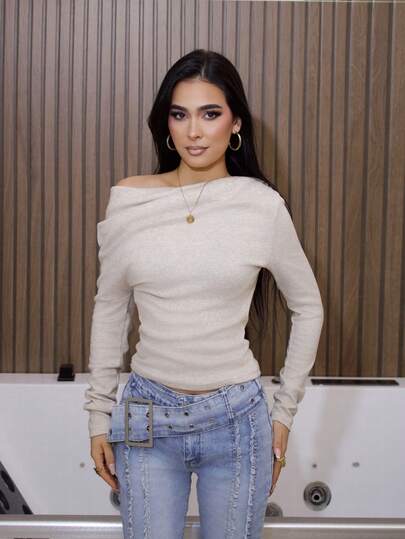 AfricaSnchz Women's Casual Asymmetric Shoulder T-Shirt, Twist Knot Solid Color T-Shirt For Daily Wear, Commuting, Home, Layering, Long Sleeve Knit T-Shirt