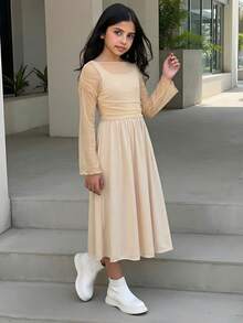 少女优雅修身杏色网纱拼接不对称斜肩喇叭袖褶皱连衣裙，适合女孩参加派对、圣诞节、新年、舞会等场合。 - 杏色 - 查看 4