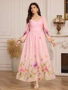 Modelyn Đầm nữ kiểu dáng lãng mạn, thanh lịch, cổ chữ V, tay phồng, họa tiết hoa ombre, thắt eo, dài đến đầu gối. - Hồng - Xem 4