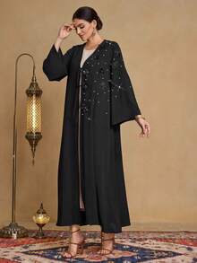 SHEIN Najma Elegant Minimalist 3D Floral Decor Rhinestone Embellished Women Long Sleeve Commuter Style Cardigan - Black - View 6