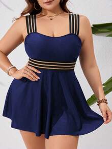 Swim Lushoire Plus Size Vacation Beach Tankini Swimwear Set - Navy Blue - View 6