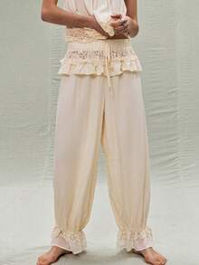 SoleilVie 2026春夏新款杏色蕾丝边宽松轻盈浪漫休闲阔腿裤，弹性腰带，蕾丝拼接，弹性蕾丝裤脚，柔软亲肤面料，抽绳腰带，抽绳裤脚，浪漫通勤ins风女式休闲阔腿裤 - 杏色 - 查看 6