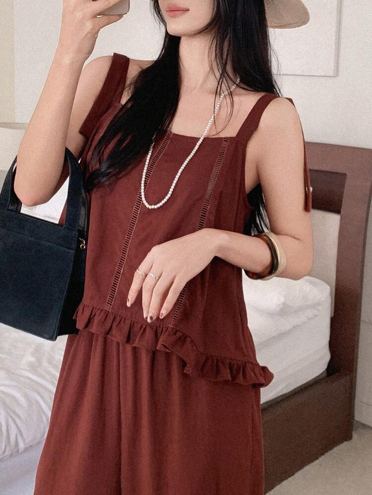 DAZY 女士花卉蕾丝拼接吊带背心和宽松简约阔腿裤，度假风休闲两件套夏季家居服套装，女士短款套装 - 紅色 - 查看 2