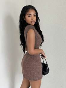 Alexandranx Váy ngắn tay lửng đơn hàng khuy trơn màu đơn sắc thường ngày dành cho nữ - màu nâu - Xem 4