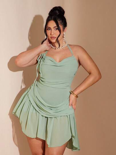 SHEIN BAE Plus Size Women's Yellow Chiffon Draped Neck Short Dress, Elegant Dress For Spring/Summer,Spring To Summer ,Spring Outfit Women,Valentine's Day Outfit ,Women Carnival Costume,Party,Beach Outfit For Women,Wedding,Elegant,Summer Holiday Outfits,Vacation