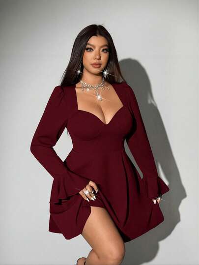 Viva Relle Plus Size Women's Elegant Party Sexy Minimalist Daily Elastic Fitted Sweetheart Neck Long Sleeve Flare Cuff Elastic Waist Flare A-Line Short Dress, Autumn/Winter