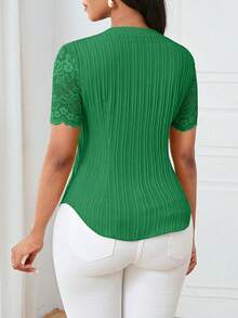 Lunelith SHEIN Lunessa Camisa de mujer minimalista de contraste con botones y encaje delantero para uso diario - Verde - Ver 2