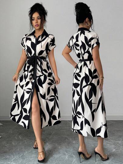 Elenzga 女士新款优雅修身复古印花腰带蝴蝶结短袖休闲度假连衣裙，杏色