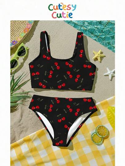 SHEIN Tween Girls' Casual Minimalist Camisole & Triangle Bikini Swimsuit Set, Suitable For Summer