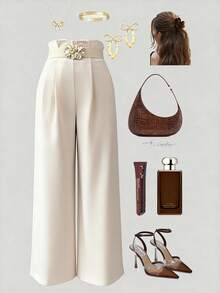 SHEIN Elenzya 女士花卉腰部设计弹力腰阔腿裤，优雅迷人，适合度假、日常、法式休闲、通勤、商务、浪漫约会、早春/春夏穿着，杏色 - 米色 - 查看 7