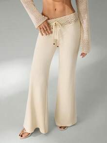 SHEIN Tall 女士白色针织腰带串珠抽绳直筒宽松休闲度假裤 - 白色 - 查看 8