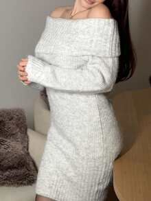 Abrilcols 灰色露肩高领长袖迷你毛衣裙，上衣宽松下装紧身，适合年轻女士，秋冬 - 灰色 - 查看 6