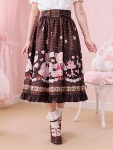 ROMWE Kawaii Retro Chocolate Heart Cookie, Teddy Bear, Bow, Cake, High Heel, Crown Tea Party Print Midi A-Line Skirt - Multicolor - View 5