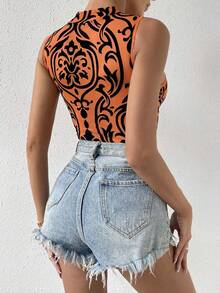 Almamuse Áo liền thân không tay ôm sát, cổ áo phối màu tương phản, thời trang cho mùa hè. - trái cam - Xem 2