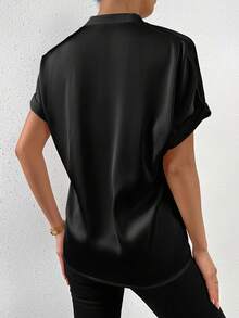 SHEIN Unity 休闲纯色短袖衬衫，夏季 - 黑色 - 查看 2