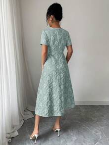 Elenzga 蓝色3D立体压纹面料方领短袖A字连衣裙 - 薄荷綠 - 查看 2