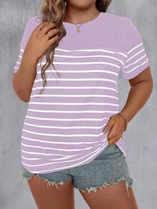 大码女式夏季条纹印花圆领短袖休闲T恤图案上衣 - 紫色 - 查看 6