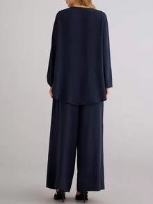 Parysyn Bộ đồ hai mảnh dệt kim cỡ lớn dành cho nữ, phong cách thường ngày, thích hợp cho mùa thu. - Màu xanh hải quân - Xem 3