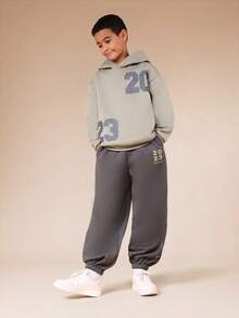 SUMWON Tween Pullover Hoodie And Jogger Set With Numbers Print Front Centre Pocket Hood Elastic Waist Ribbed Cuffs For Casual And Vacation - Army Green - View 5