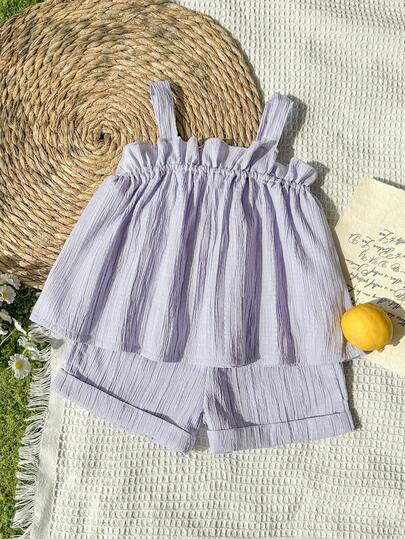 Vintaside Kids Young Girl This Two-Pieces Set Of Summer Light Purple Cami Top And Mid-To-High-Waisted Shorts Features A Fashionable, Simple, Versatile, Gentle And Sweet Style. Made Of Woven Fabric, It Has A Moderate Thickness And A Loose Fit. It Is Suitable For Daily Outings Such As Shopping, Studying At School, Relaxing At Home, And Attending Birthday Parties