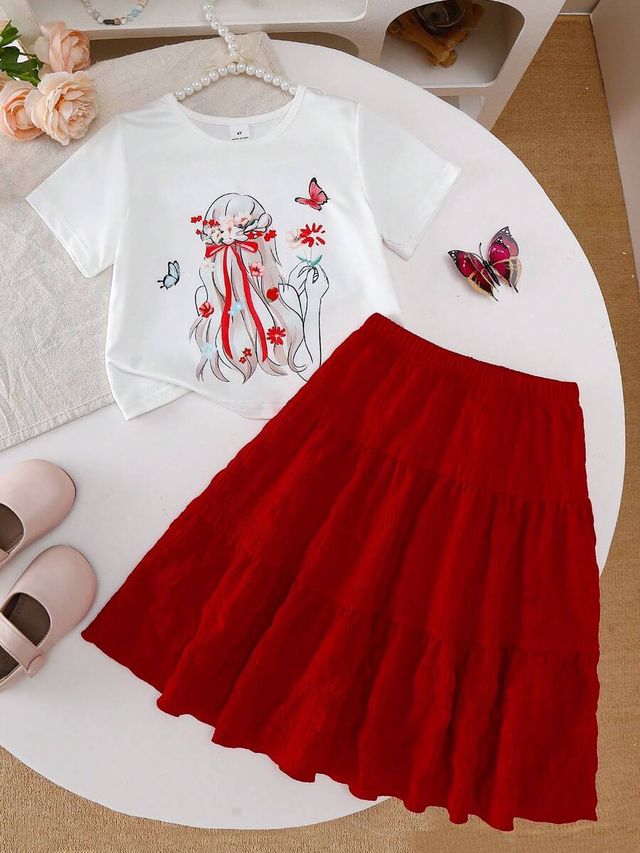 SHEIN Playful Pals 两件套女童红色短袖上衣和碎花裙套装 - 紅色 - 查看 1