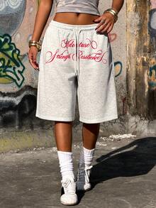 Muchica Women's Summer New Letter Print Low Waist Loose Bermuda Shorts - Grey - View 4