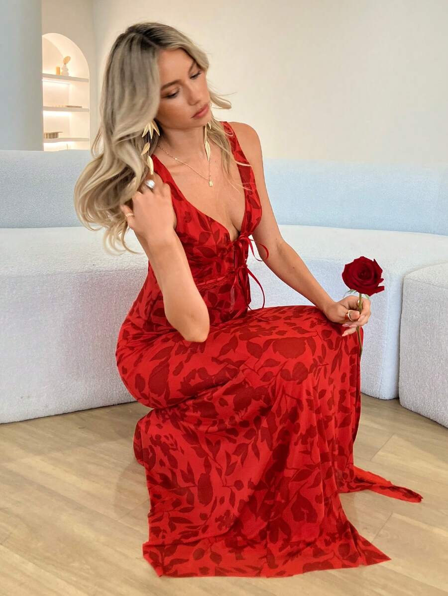 Aloruh Women's Elegant Red Floral Two-Piece Set,Summer Wedding Bridal Lace Patchwork V-Neck Tie Front Top & Slit Mermaid Midi Skirt Bohemian Tropical Outfit - Red - View 1