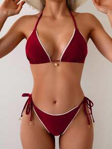 Swim Vcay 两件套女士极简性感蕾丝边三角比基尼套装，带挂脖系带 - 酒紅色 - 查看 6