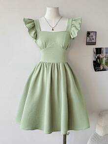 SHEIN Đầm dệt màu xanh ô liu trơn, cổ vuông, không tay, tay ngắn, có chi tiết cắt hình bướm ở lưng, thích hợp cho kỳ nghỉ, lễ hội, ăn trưa, lễ hội âm nhạc. - màu xanh lá - Xem 6