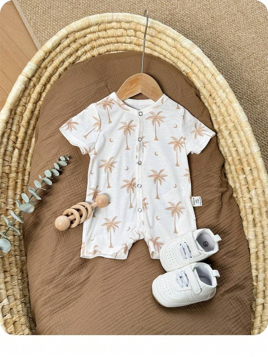 SHEIN 新生女宝宝可爱休闲卡通图案针织连体衣 - 米色 - 查看 1