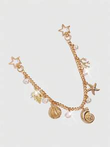 ROMWE Fairycore 1 pieza Adorno de concha marina para un estilo festivo, cadena de concha de estrella de mar, llavero de cola marina de concha, adecuado para combinar con una bolsa cuadrada pequeña cuando salgas de vacaciones. - Oro 1 - Ver 3