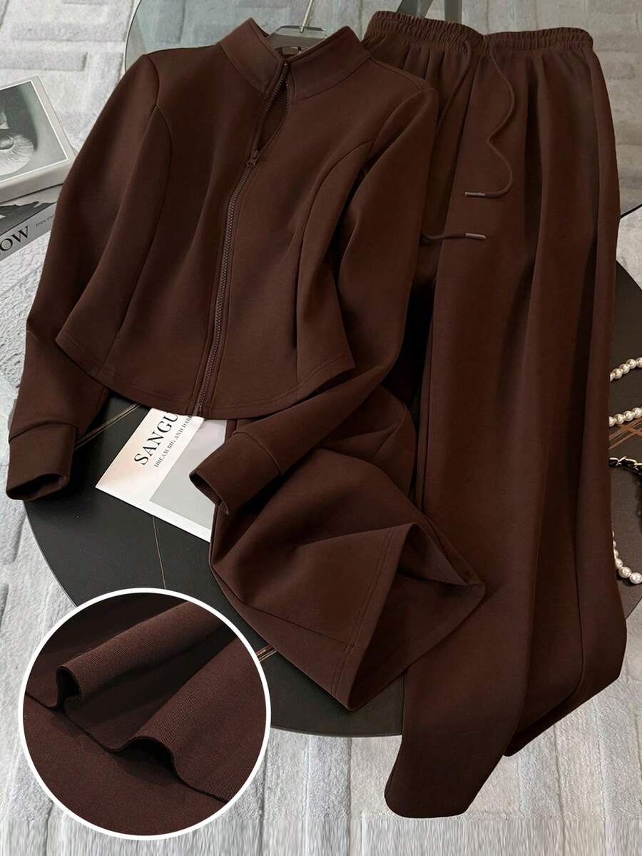 Resyla 女士休闲运动通勤简约纯色立领拉链外套和抽绳喇叭裤两件套，春秋季 - 咖啡棕 - 查看 1