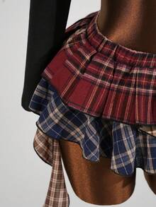 SaltGleam SaltGleam Asymmetric Ruffle Hem Mixed Plaid Skirt - Burgundy - View 5