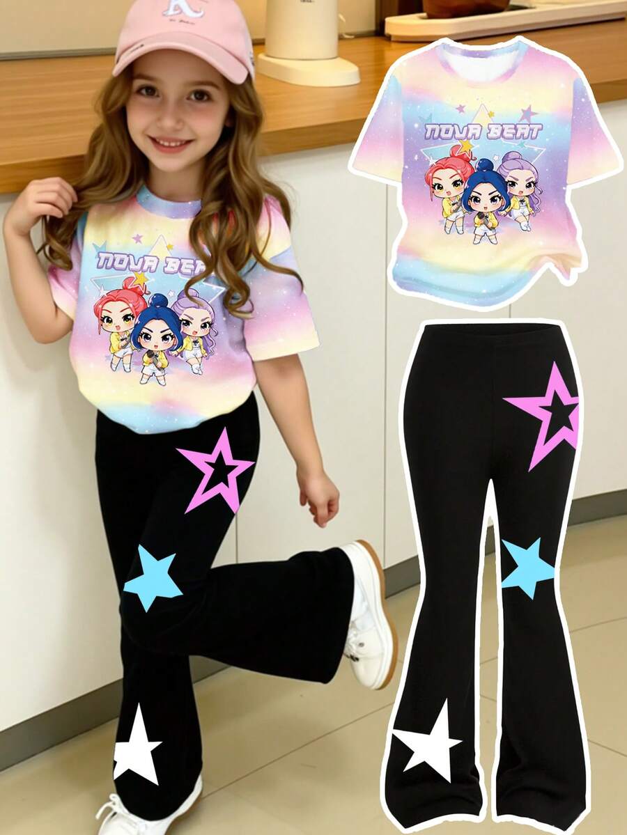 两件套少女休闲时尚创意个性清新可爱简约虚拟女团Q版角色发髻女孩彩色五角星渐变印花短T恤和喇叭裤套装，舒适日常穿着，适合春、夏、秋季。 - 彩色 - 查看 1