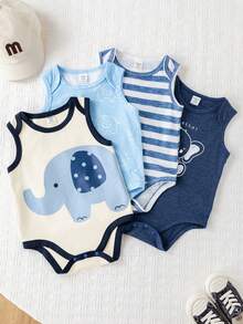 SHEIN 4pcs/Set Newborn Unisex Baby Boy/Girl Cute Elephant Print Sleeveless Romper Outfit Set, Spring/Summer Baby Clothes - Blue - View 1