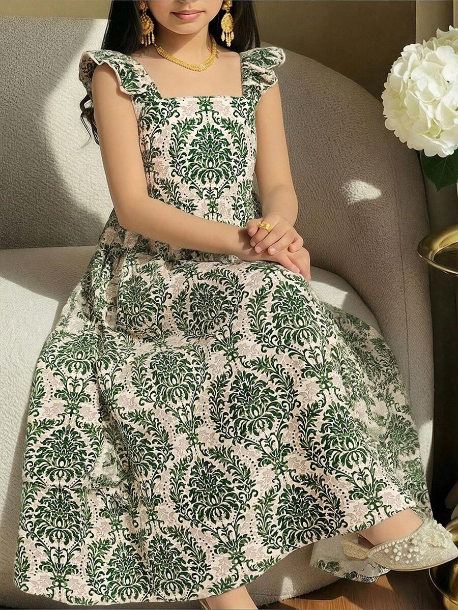 SHEIN 少女款梭织印花方领短袖长款连衣裙,夏季连衣裙,碎花连衣裙,短袖,方领,母女装 - 綠色 - 查看 1