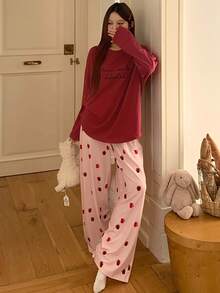 DAZY 2件套女士印花宽松长袖T恤和直筒裤睡衣套装，秋季款 - 酒紅色 - 查看 7