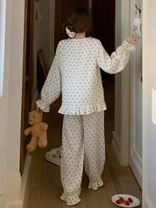 DAZY 碎花荷叶边领波点纹理雪纺面料荷叶边女士睡衣套装 - 白色 - 查看 2