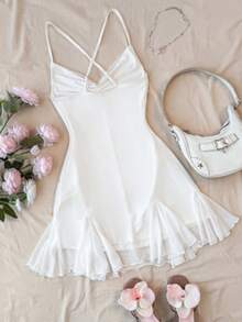 SHEIN Teen Girls Casual Vacation White Mesh Plunging Neck Backless Mini Dress, Short White Dress, Summer Dress, Ruched White Dress - White - View 2