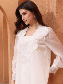Graceveil Elegant Women's Lace Patchwork Long Sleeve Loose Casual Blouse, Versatile Design - White - View 8