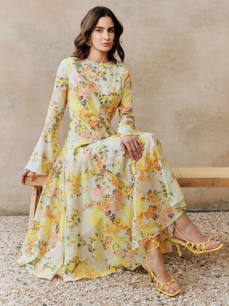 Women's New Ditsy Floral Yellow Long Sleeve A-Line Flare Sleeve Maxi Elegant Vacation Dress Spring Dresses For Women