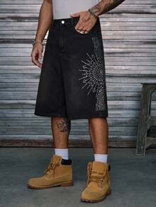 AXEPEAK Men's Washed Loose Casual Rhinestone Embellished Shorts - Black - View 5