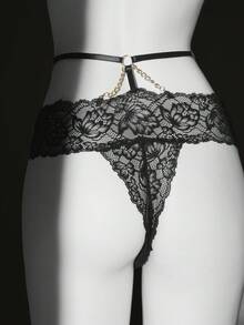 Seduluxe 女士常规蕾丝边链条丁字裤 - 黑色 - 查看 2