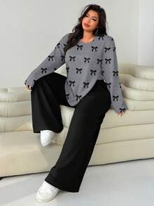 SHEIN EZwear 大码女装两件套：宽松圆领T恤和直筒裤 - 灰色 - 查看 5