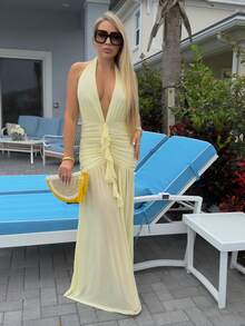 Cioccolato Sexy minimalistisches einfarbiges gelb-cremefarbenes Maxikleid mit tiefem V-Ausschnitt, Neckholder, körperbetonter Raffung, geeignet für Partys, Cocktails, formelle Anlässe, Brautjungfern, Geburtstage, Weihnachten, Business-Lässig, elegantes Damen-Maxikleid - Hellgelb - Übersicht 4