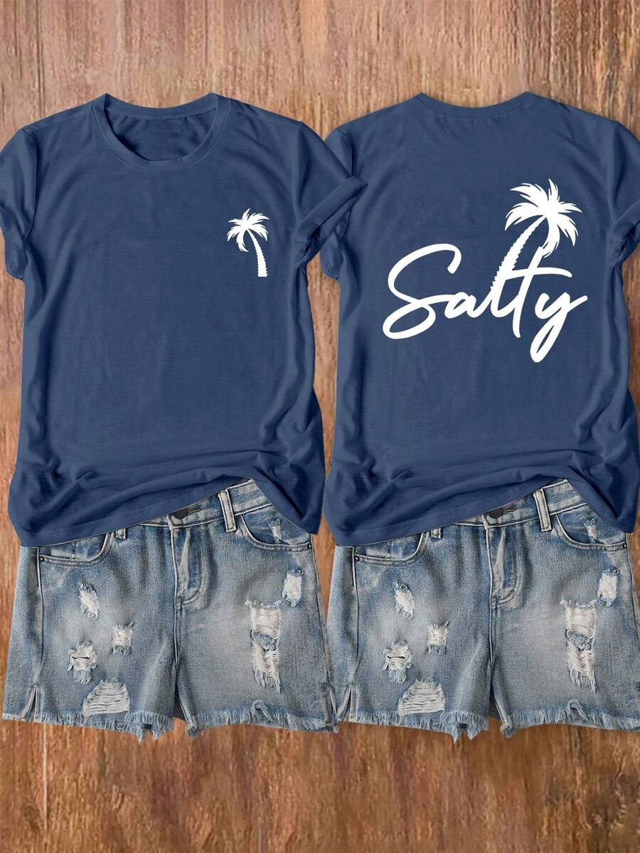 INAWLY 1件字母和棕榈树印花T恤 女式上衣 - 藏蓝色 - 查看 1