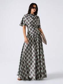 LYSMO 女士格子印花百褶休闲百搭半身裙 - 綠色 - 查看 5